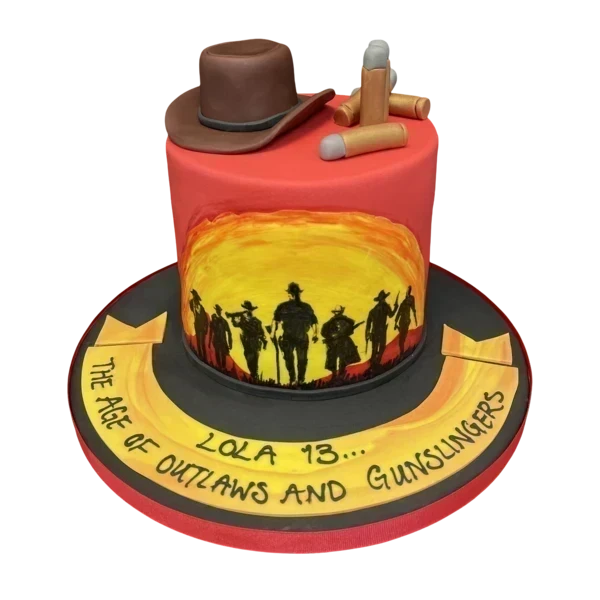 Beautifully decorated cake inspired by the popular video game Red Dead Redemption, featuring intricate details and vibrant colours. Perfect for gaming fans and special occasions.