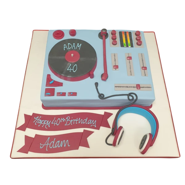 Bespoke AVFC-themed celebration cake shaped like a music deck, decorated with club colors in Solihull, West Midlands.