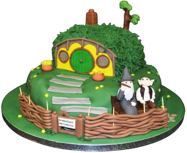 Bespoke Lord of the Rings Hobbit House duo cake with detailed edible doors and windows, Solihull, West Midlands.