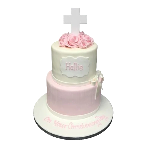 Elegant bespoke christening cake with white icing and delicate detailing, crafted in Solihull, West Midlands.