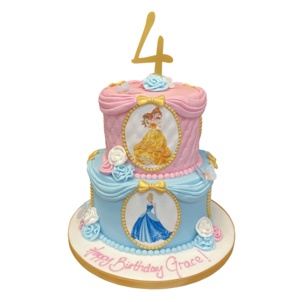 Bespoke princess-themed celebration cake with pastel colors and fondant tiaras in Solihull, West Midlands.