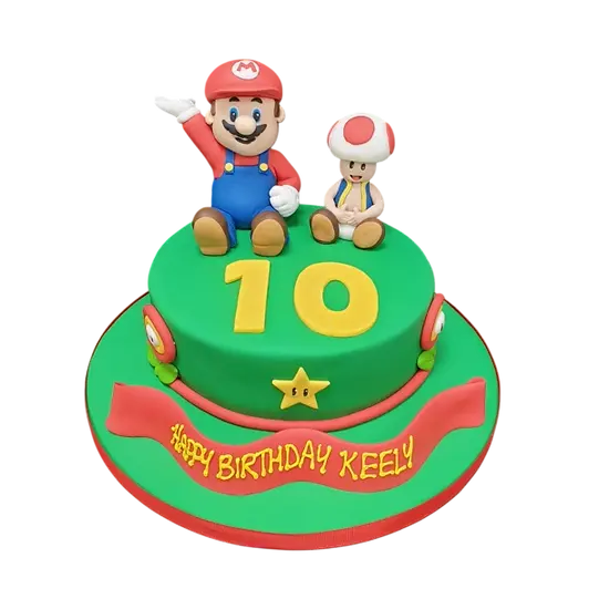 Bespoke Mario and Toad celebration cake with vibrant characters in Solihull, West Midlands.