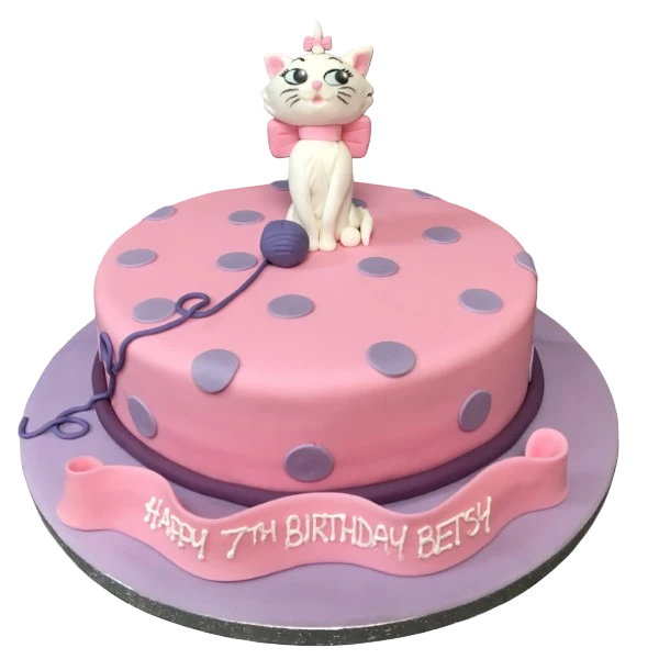 A delightful and charming white cat-themed cake inspired by Marie from Aristocats. Perfect for cat lovers and Disney fans alike.