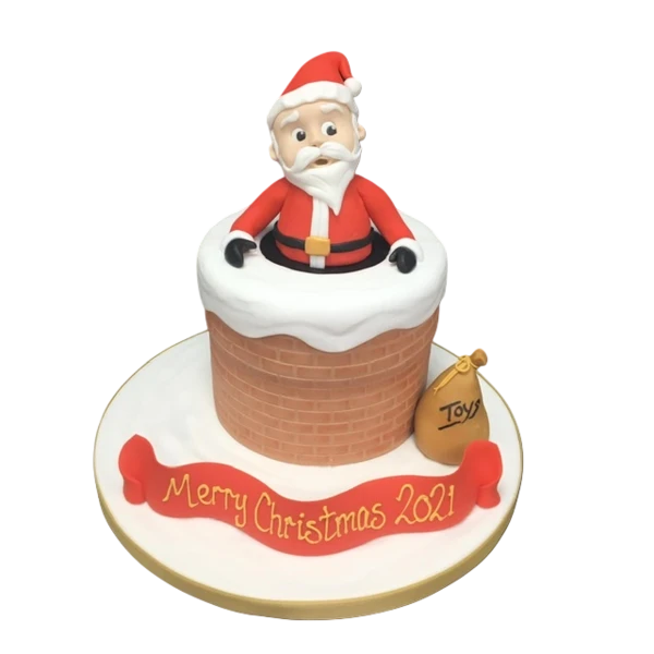 Bespoke Christmas cake featuring Santa Claus in a chimney, decorated with festive details in Solihull, West Midlands.