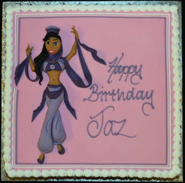 Bespoke Arabian princess-themed cake with intricate gold accents and vibrant colors, crafted in Solihull, West Midlands.