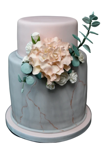 Two-tier wedding cake with marble effect, sugar flowers, and elegant floral details.