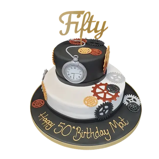 Bespoke celebration cake featuring edible cogs and a detailed pocket watch design in Solihull, West Midlands.
