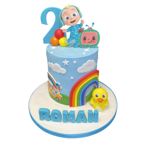 Bespoke Coco Melon cake with vibrant character toppers and colorful layers, crafted in Solihull, West Midlands.