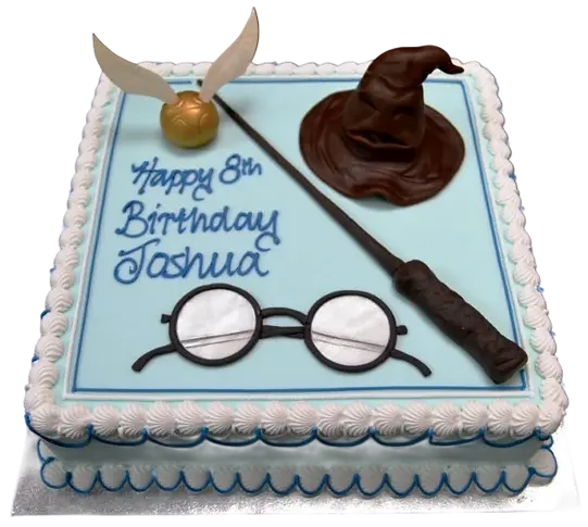 Bespoke Harry Potter-themed cake with Hogwarts crest and magical symbols, crafted in Solihull, West Midlands.