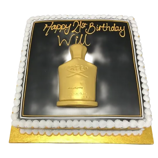 Bespoke cake shaped like a Creed Aftershave bottle with detailed label, crafted in Solihull, West Midlands.