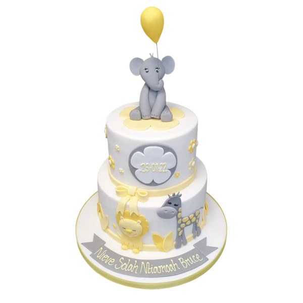 Bespoke cake with lemon and grey animal designs, perfect for celebration in Solihull, West Midlands.