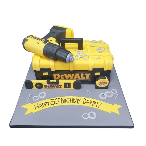A unique and detailed DeWalt toolbox-themed cake with realistic design, perfect for DIY enthusiasts and construction lovers.