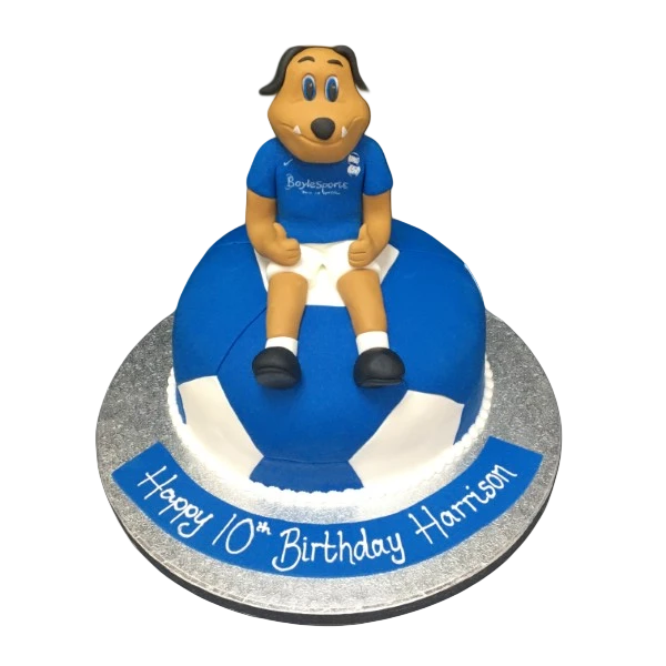 A football-themed cake featuring the logo and colors of Birmingham City Football Club, perfect for fans of the team to enjoy.