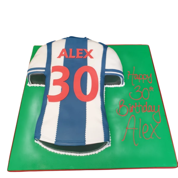 Bespoke West Brom football shirt cake with detailed team colors and logo, crafted in Solihull, West Midlands.