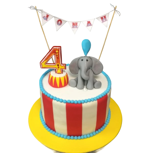 Bespoke circus elephant cake with colorful fondant decorations, crafted in Solihull, West Midlands for celebration.