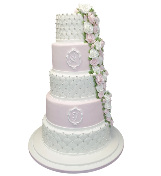 Five-tier wedding cake with sugar paste, pink and white roses, quilted patterns.