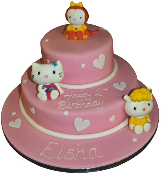 Bespoke Hello Kitty and Friends duo cake with colorful fondant decorations in Solihull, West Midlands.
