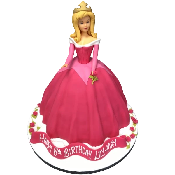 Bespoke Sleeping Beauty princess doll cake with pink dress and floral details, crafted in Solihull, West Midlands celebration.