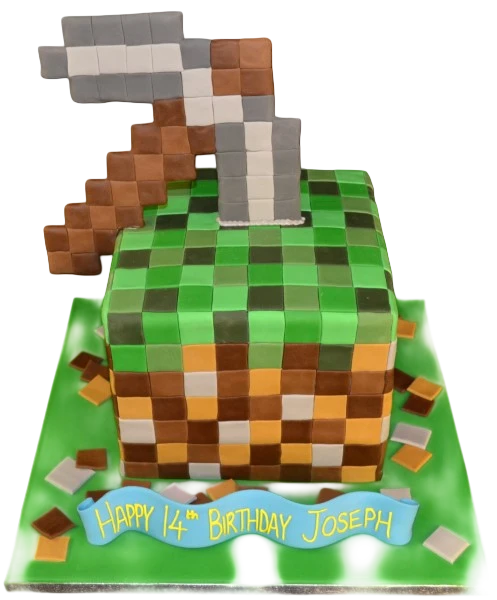 Bespoke Minecraft-themed cake featuring a pixelated axe design, crafted in Solihull, West Midlands.