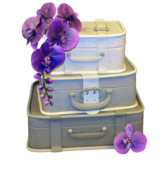 Three-tier suitcase wedding cake with purple orchids and sugar paste detailing.
