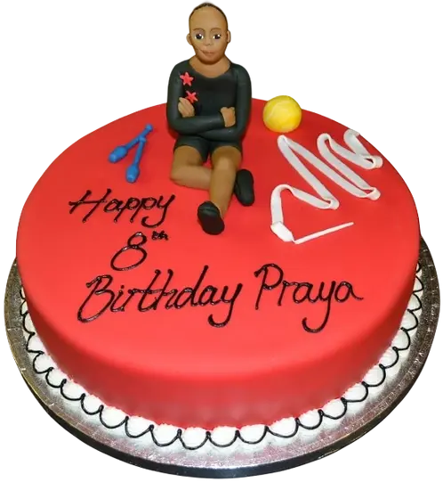 Bespoke round cake featuring a gymnast figure, decorated with stars and ribbons in Solihull, West Midlands.