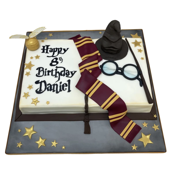 Bespoke Harry Potter book-shaped cake with detailed edible pages and cover, crafted in Solihull, West Midlands.