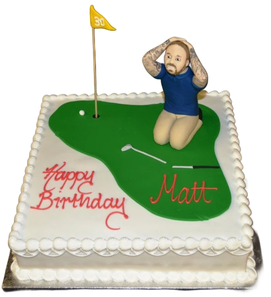 Bespoke cake featuring a disappointed golfer figure on a green square, crafted in Solihull, West Midlands.