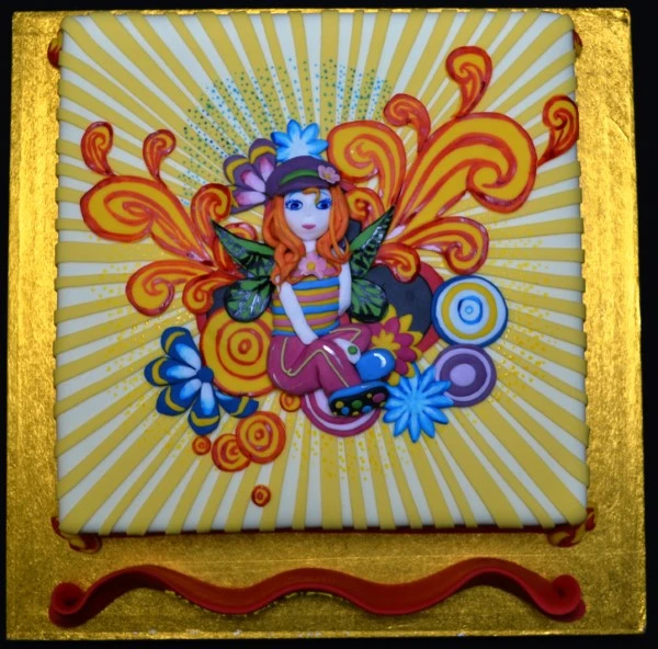 Bespoke hippy design cake with colorful peace signs and floral patterns, crafted in Solihull, West Midlands.