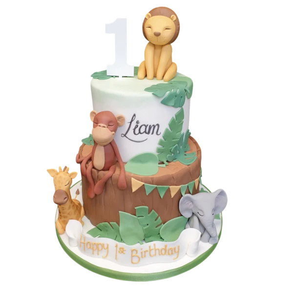 Bespoke cake featuring sleeping wild animals crafted with detailed fondant in Solihull, West Midlands.