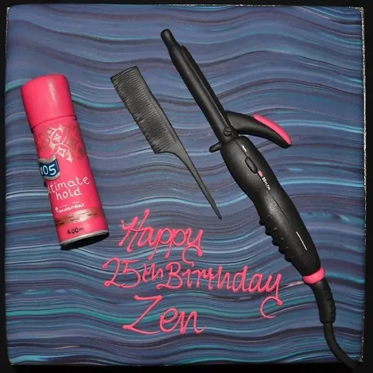 Bespoke celebration cake in Solihull, West Midlands, shaped like hair products with detailed bottles and brushes.