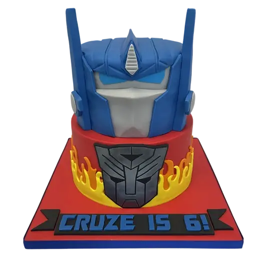 Bespoke Transformers Optimus Prime cake with detailed red and blue robot design in Solihull, West Midlands.