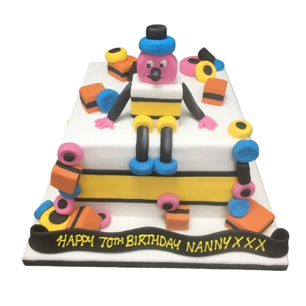 Colorful and playful cake inspired by the iconic British sweet, Berty Bassett. Perfect for any celebration with a unique and vibrant design.