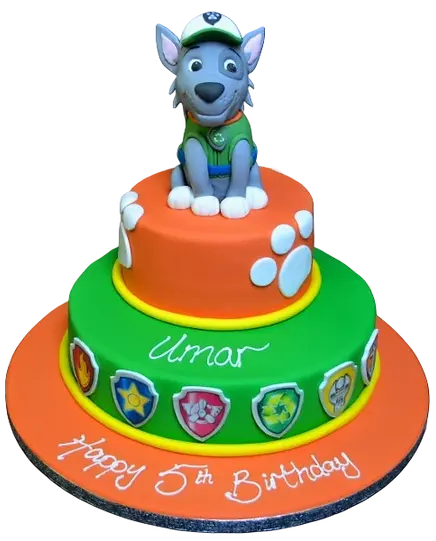Bespoke PAW PATROL duo cake with figure and badges, perfect for celebration in Solihull, West Midlands.
