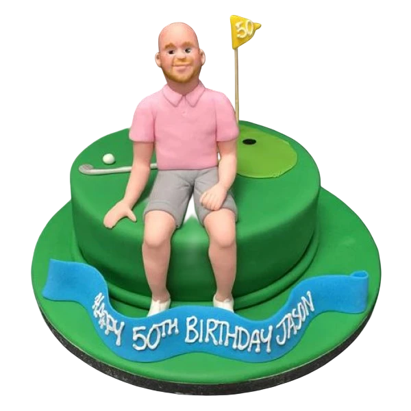 Bespoke round cake decorated with golf-themed fondant details, perfect for celebration in Solihull, West Midlands.
