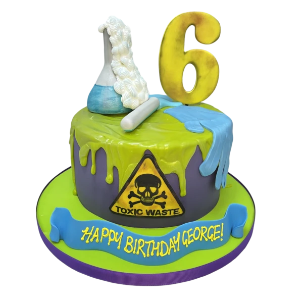 Dark green science-themed cake with a grunge and slime design, perfect for a toxic-themed party.