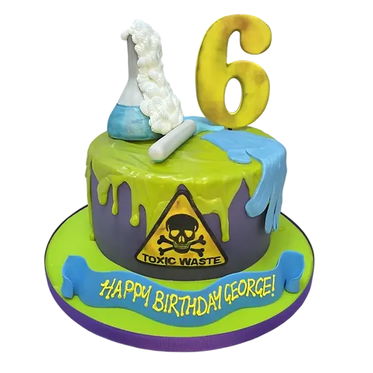 Bespoke Grime Gunge Slime Science Toxic themed cake with vibrant green and yellow layers, Solihull, West Midlands.