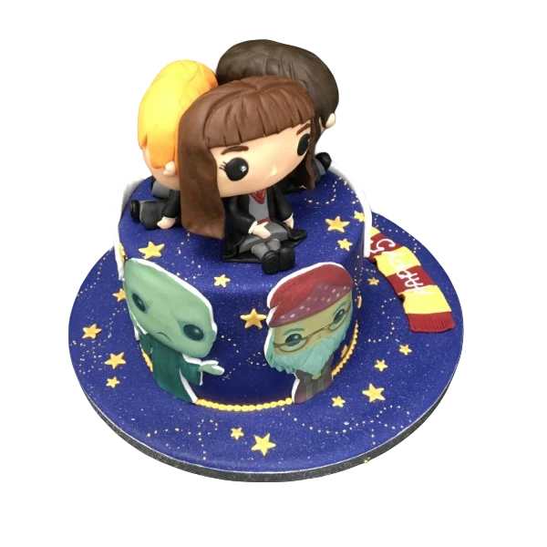 Bespoke Harry Potter-themed celebration cake with colorful funky pops, crafted in Solihull, West Midlands.