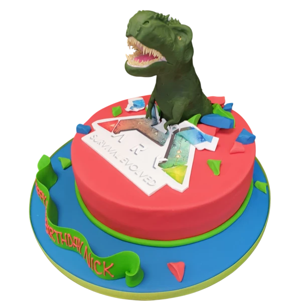 A beautifully decorated cake shaped like an ark with dinosaur figures on top, perfect for a themed celebration.