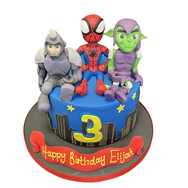 Bespoke Spidey and His Amazing Friends cake with colorful character toppers in Solihull, West Midlands celebration.