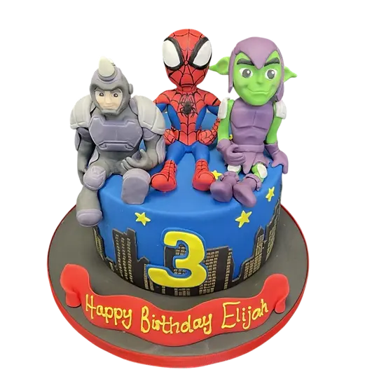 Bespoke Spidey and His Amazing Friends cake with colorful superhero figures, crafted in Solihull, West Midlands.
