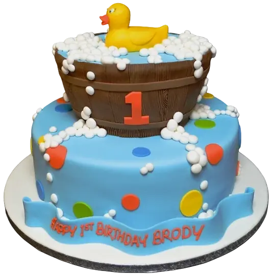 Bespoke cake shaped like a yellow duck in a blue tub, decorated with bubbles, from Solihull, West Midlands.