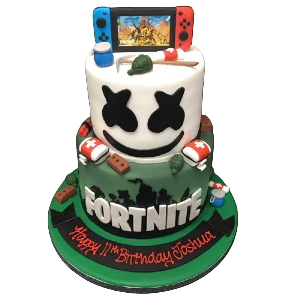 Bespoke Fortnite-themed cake with vibrant game characters and logos, crafted for celebration in Solihull, West Midlands.