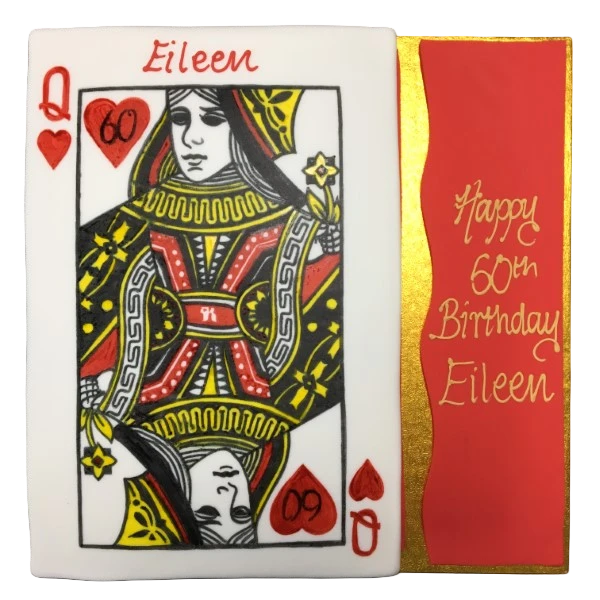 Bespoke Queen of Hearts playing card cake with red, white, and black detailing, crafted in Solihull, West Midlands.