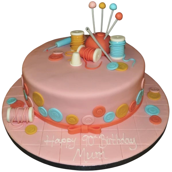 Bespoke cake shaped like sewing tools with scissors and thread, crafted for celebration in Solihull, West Midlands.