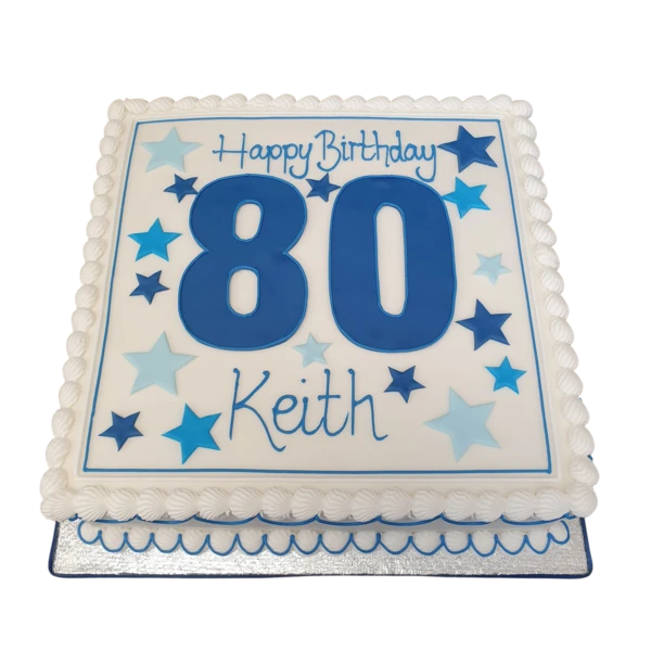 Bespoke celebration cake in Solihull, West Midlands featuring a large number and edible gold stars decoration.