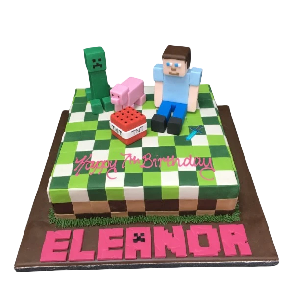 A creative Minecraft-themed cake featuring iconic elements from the popular video game, perfect for fans of the virtual block-building world.