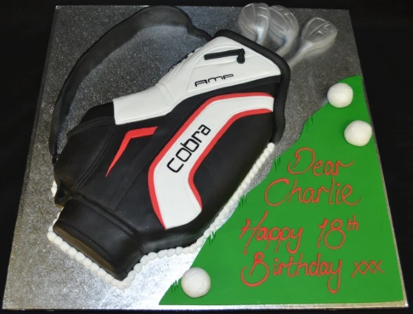 Bespoke Cobra Golf Bag cake with detailed clubs and logo, perfect for celebration in Solihull, West Midlands.