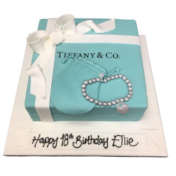 Bespoke cake shaped like a Tiffany & Co box with blue fondant and white ribbon in Solihull, West Midlands.