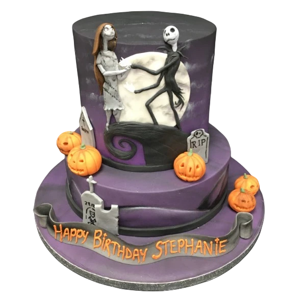 Bespoke Nightmare Before Christmas cake with detailed Jack Skellington topper, crafted in Solihull, West Midlands.