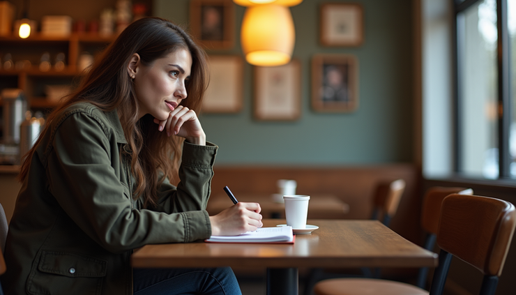 Eye-level view of a person sitting at a cozy cafe table with a notebook and coffee, reflecting on a conversation